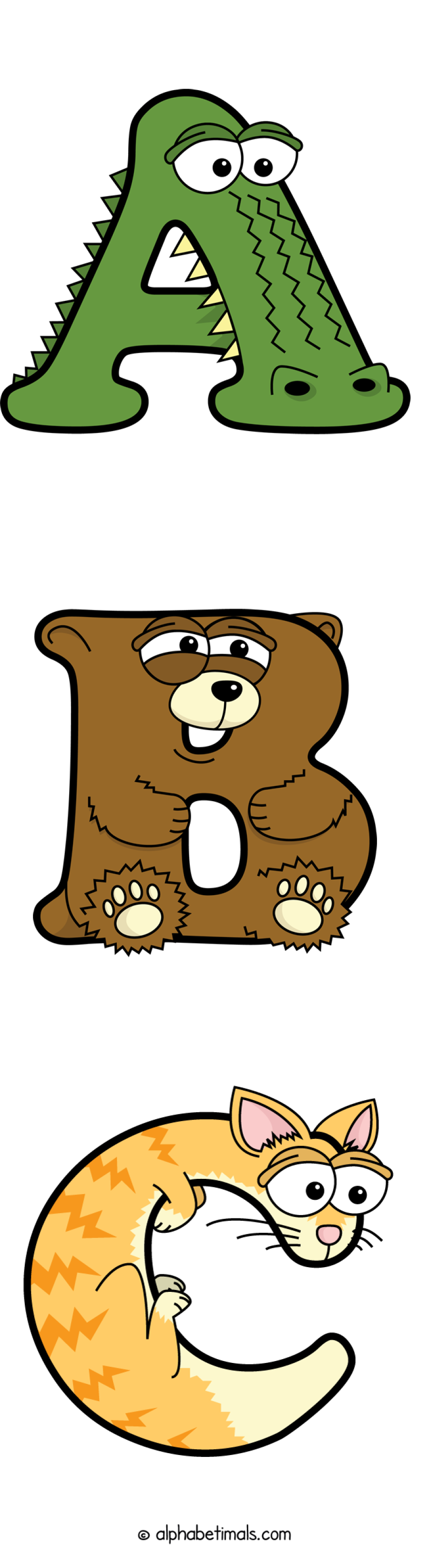 A B C animal word art spelling A B C with Alphabetimals - cartoon alphabet animals