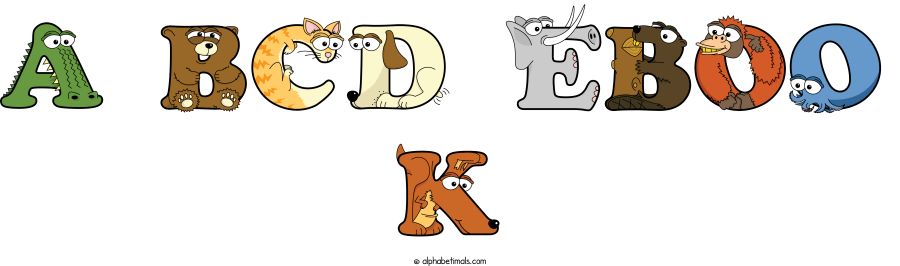 A Bcd Eboo K animal word art spelling A Bcd Eboo K with Alphabetimals - cartoon alphabet animals
