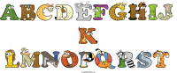 abcdefghij-k-lmnopqrst spelled using animal alphabet letters