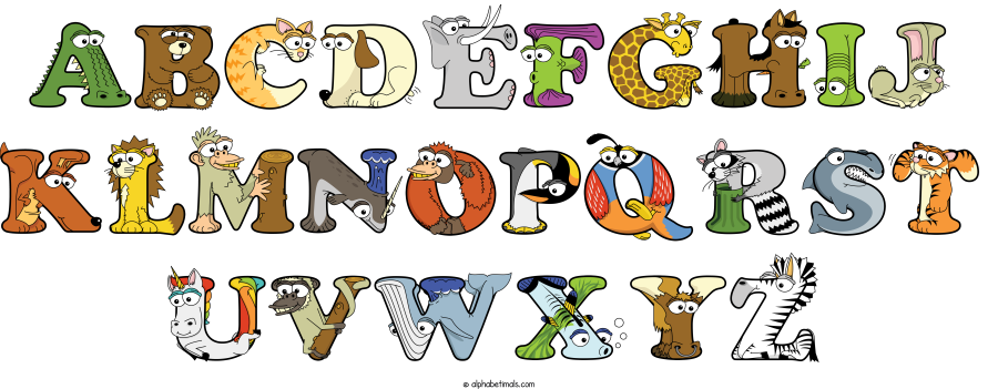 Abcdefghij-klmnopqrst-uvwxyz animal word art spelling Abcdefghij-klmnopqrst-uvwxyz with Alphabetimals - cartoon alphabet animals