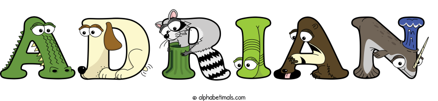 Adrian animal word art spelling Adrian with Alphabetimals - cartoon alphabet animals