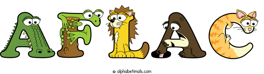 Aflac animal word art spelling Aflac with Alphabetimals - cartoon alphabet animals