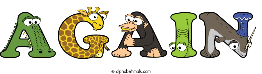 Again animal word art spelling Again with Alphabetimals - cartoon alphabet animals