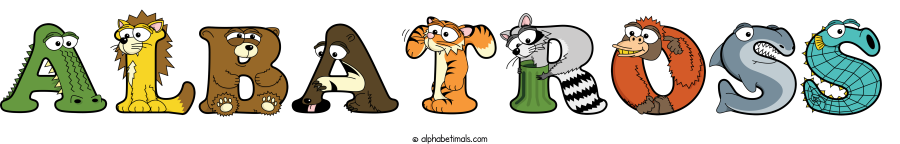 Albatross animal word art spelling Albatross with Alphabetimals - cartoon alphabet animals