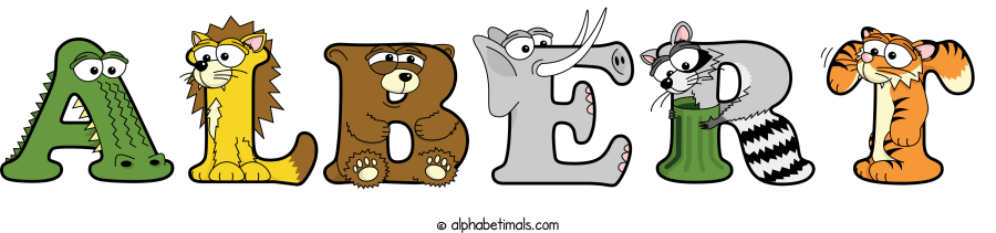 Albert animal word art spelling Albert with Alphabetimals - cartoon alphabet animals