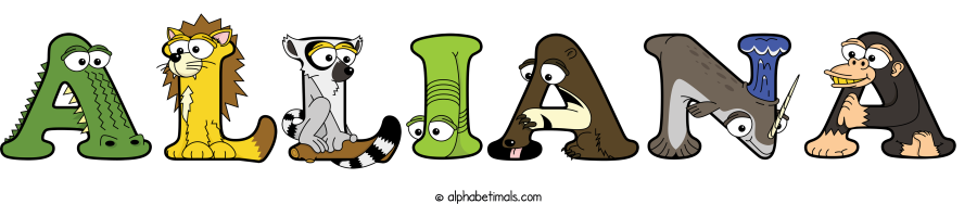 Alliana animal word art spelling Alliana with Alphabetimals - cartoon alphabet animals