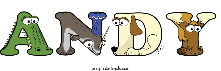 Andy animal word art spelling Andy with Alphabetimals - cartoon alphabet animals