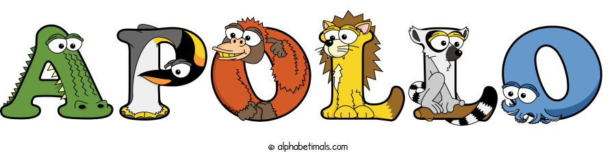 Apollo animal word art spelling Apollo with Alphabetimals - cartoon alphabet animals