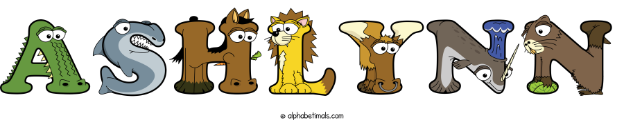Ashlynn animal word art spelling Ashlynn with Alphabetimals - cartoon alphabet animals