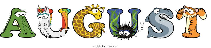 August animal word art spelling August with Alphabetimals - cartoon alphabet animals