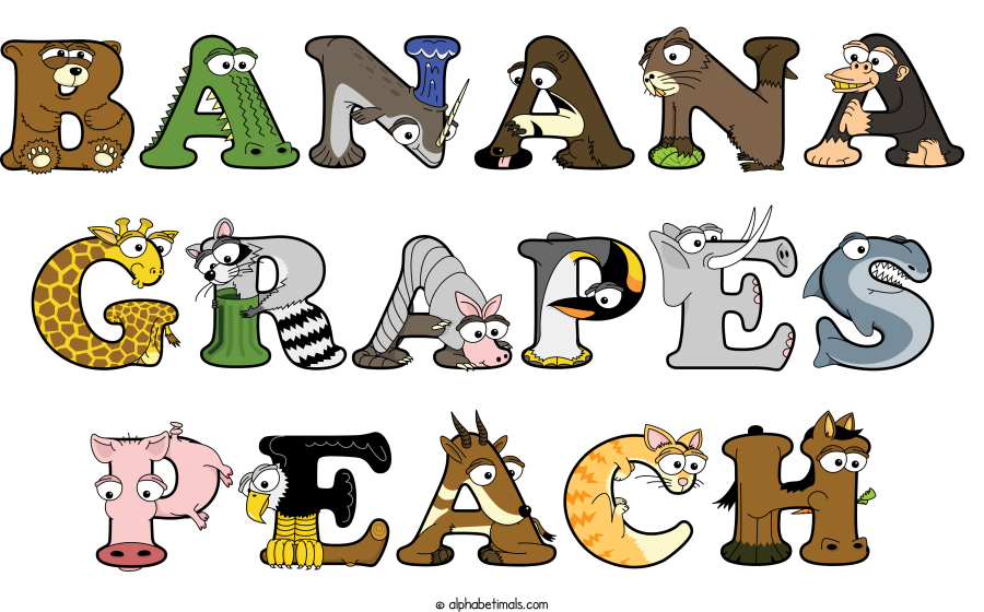 Banana Grapes Peach animal word art spelling Banana Grapes Peach with Alphabetimals - cartoon alphabet animals