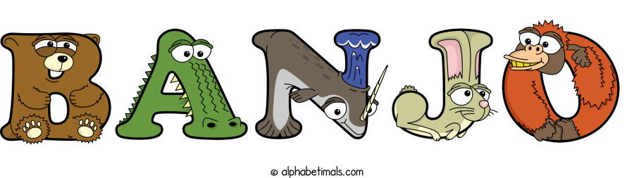 Banjo animal word art spelling Banjo with Alphabetimals - cartoon alphabet animals