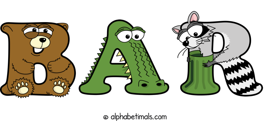 Bar animal word art spelling Bar with Alphabetimals - cartoon alphabet animals