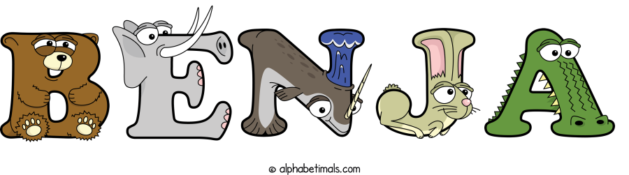 Benja animal word art spelling Benja with Alphabetimals - cartoon alphabet animals