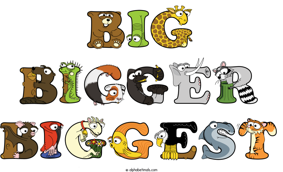 Big Bigger Biggest animal word art spelling Big Bigger Biggest with Alphabetimals - cartoon alphabet animals