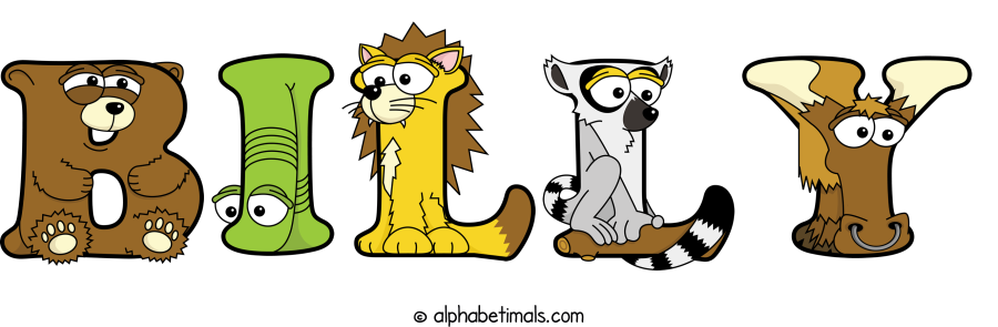 Billy animal word art spelling Billy with Alphabetimals - cartoon alphabet animals