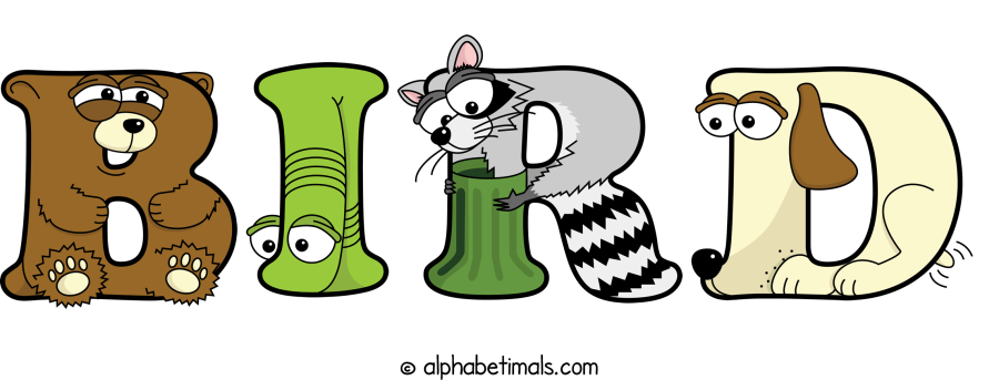 Bird animal word art spelling Bird with Alphabetimals - cartoon alphabet animals