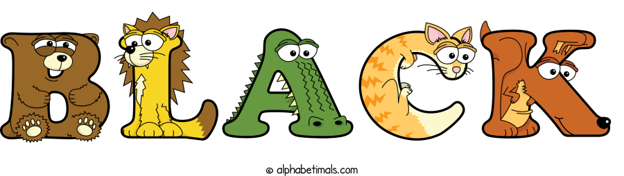 Black animal word art spelling Black with Alphabetimals - cartoon alphabet animals