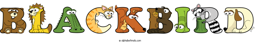 Blackbird animal word art spelling Blackbird with Alphabetimals - cartoon alphabet animals