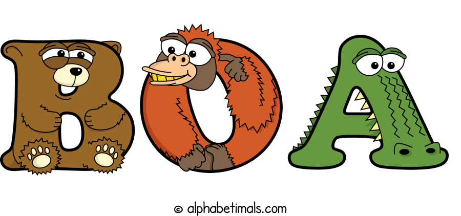 Boa animal word art spelling Boa with Alphabetimals - cartoon alphabet animals