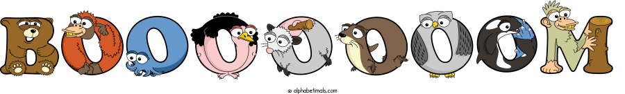 Booooooom animal word art spelling Booooooom with Alphabetimals - cartoon alphabet animals