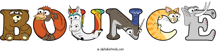 Bounce animal word art spelling Bounce with Alphabetimals - cartoon alphabet animals