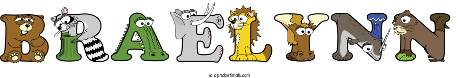 Braelynn animal word art spelling Braelynn with Alphabetimals - cartoon alphabet animals