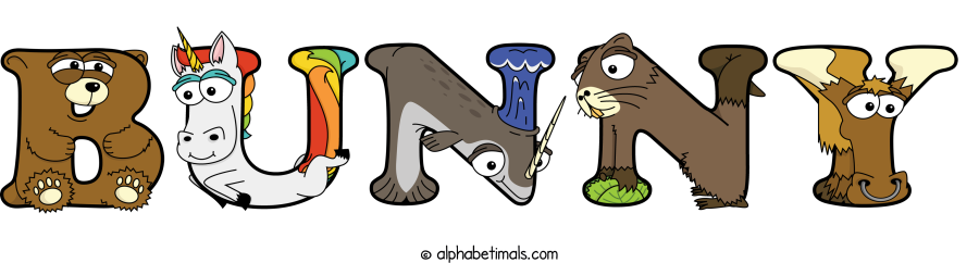 Bunny animal word art spelling Bunny with Alphabetimals - cartoon alphabet animals