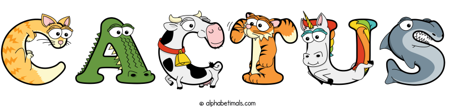 Cactus animal word art spelling Cactus with Alphabetimals - cartoon alphabet animals