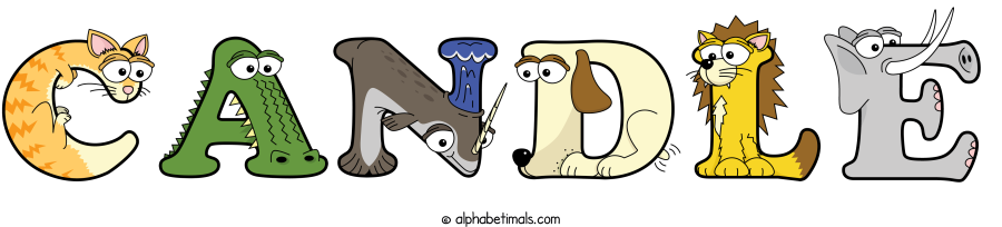 Candle animal word art spelling Candle with Alphabetimals - cartoon alphabet animals