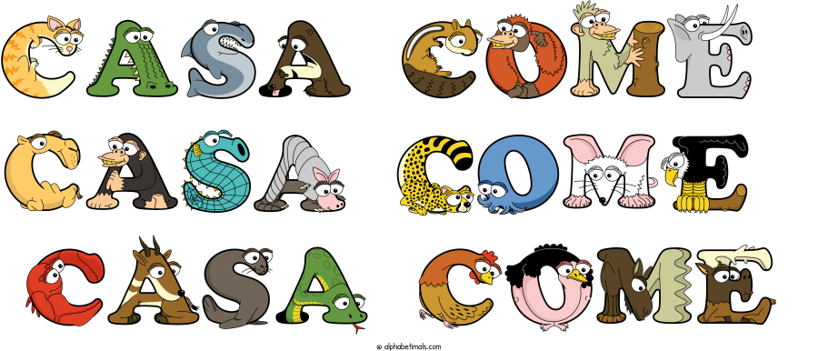 Casa-come--casa-come--casa-come animal word art spelling Casa-come--casa-come--casa-come with Alphabetimals - cartoon alphabet animals