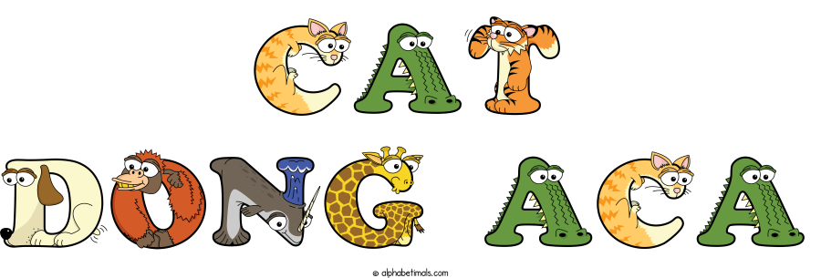 Cat Dong Aca animal word art spelling Cat Dong Aca with Alphabetimals - cartoon alphabet animals