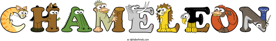 Chameleon animal word art spelling Chameleon with Alphabetimals - cartoon alphabet animals