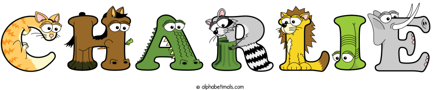 Charlie animal word art spelling Charlie with Alphabetimals - cartoon alphabet animals