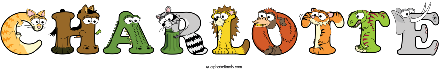 Charlotte animal word art spelling Charlotte with Alphabetimals - cartoon alphabet animals