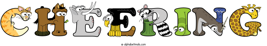 Cheering animal word art spelling Cheering with Alphabetimals - cartoon alphabet animals