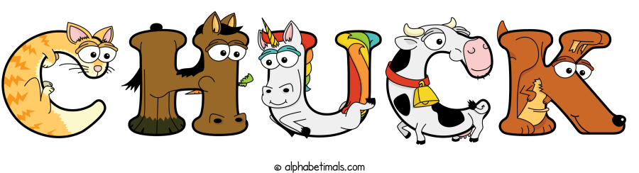 Chuck animal word art spelling Chuck with Alphabetimals - cartoon alphabet animals