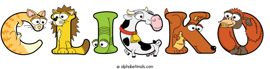 Clicko animal word art spelling Clicko with Alphabetimals - cartoon alphabet animals