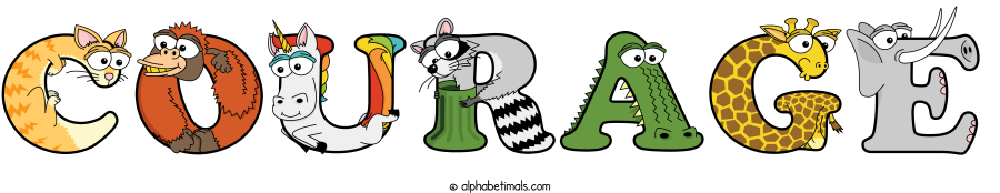 Courage animal word art spelling Courage with Alphabetimals - cartoon alphabet animals