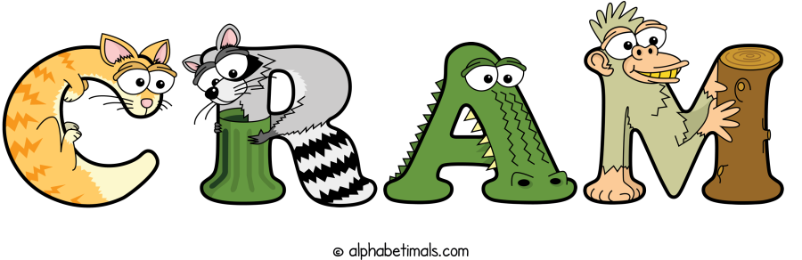 Cram animal word art spelling Cram with Alphabetimals - cartoon alphabet animals