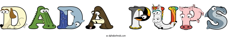 Dada Pups animal word art spelling Dada Pups with Alphabetimals - cartoon alphabet animals