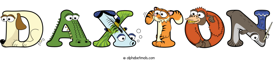 Daxton animal word art spelling Daxton with Alphabetimals - cartoon alphabet animals
