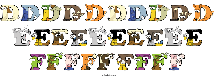 Dddddddddd Eeeeeeeeee Fffffffff animal word art spelling Dddddddddd Eeeeeeeeee Fffffffff with Alphabetimals - cartoon alphabet animals