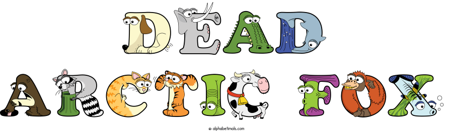 Dead-arctic-fox animal word art spelling Dead-arctic-fox with Alphabetimals - cartoon alphabet animals