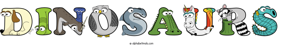 Dinosaurs animal word art spelling Dinosaurs with Alphabetimals - cartoon alphabet animals