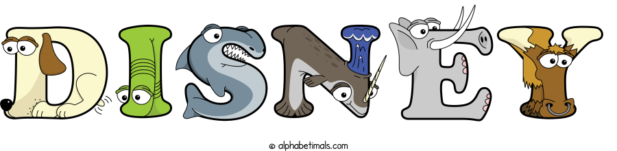 Disney animal word art spelling Disney with Alphabetimals - cartoon alphabet animals