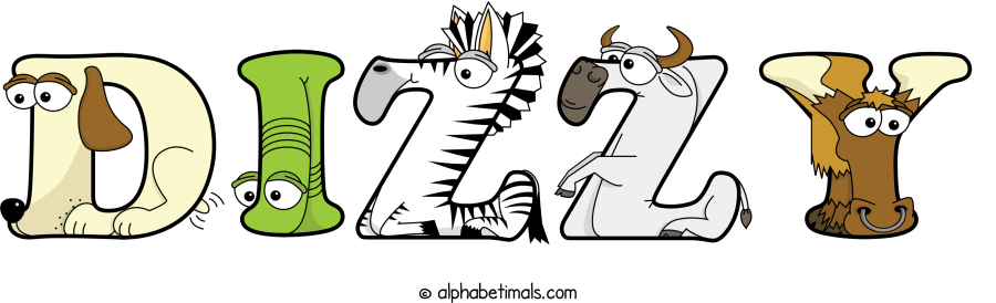 Dizzy animal word art spelling Dizzy with Alphabetimals - cartoon alphabet animals
