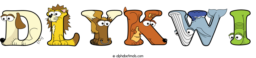 Dlykwi animal word art spelling Dlykwi with Alphabetimals - cartoon alphabet animals