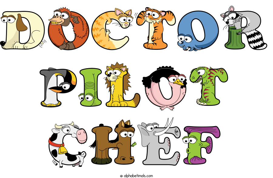 Doctor Pilot Chef animal word art spelling Doctor Pilot Chef with Alphabetimals - cartoon alphabet animals