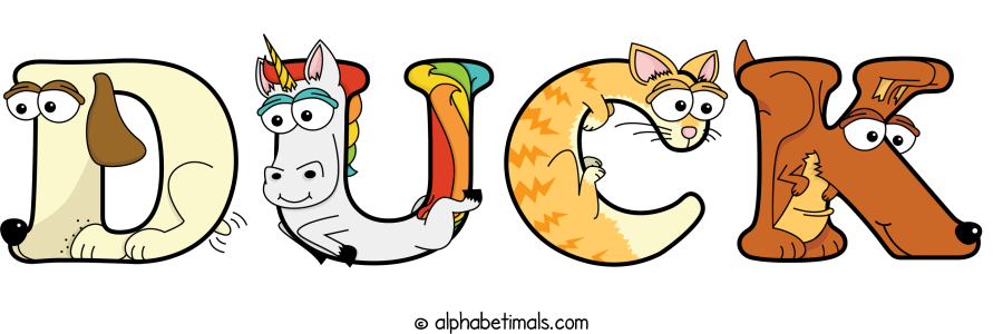 Duck animal word art spelling Duck with Alphabetimals - cartoon alphabet animals